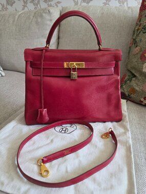 Vintage Hermes Kelly 32 Vintage Sellier Rouge Vif Red Box Calf Leather Gold HW